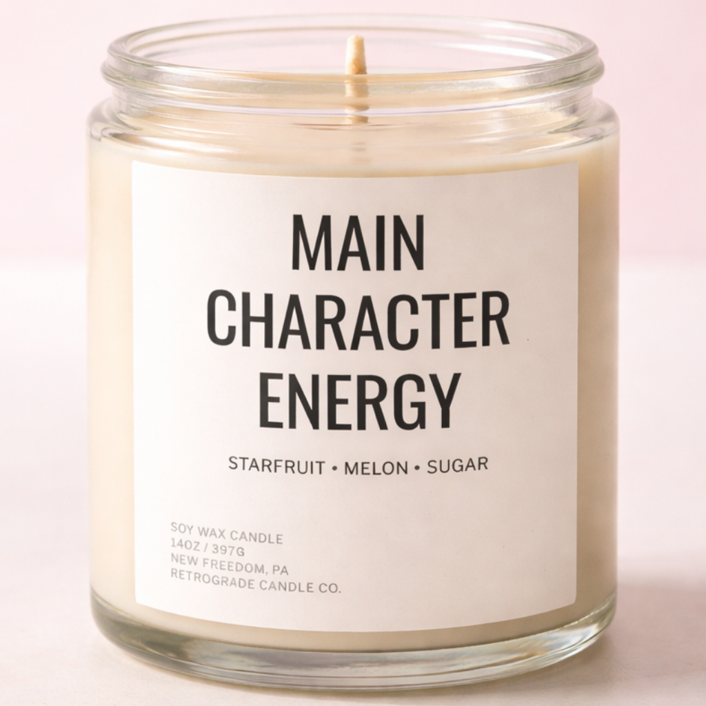 Candle in a glass jar labeled 'Main Character Energy' on a light pink background