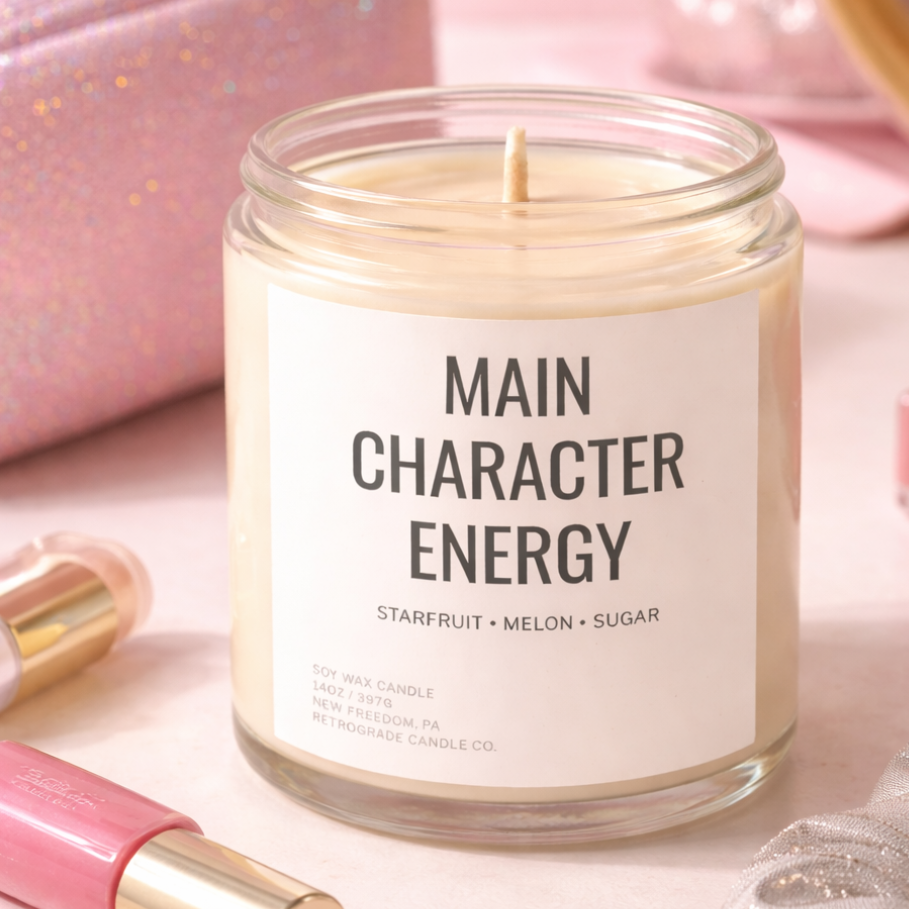 Candle labeled 'Main Character Energy' on a pink surface with lip products and a scrunchie.